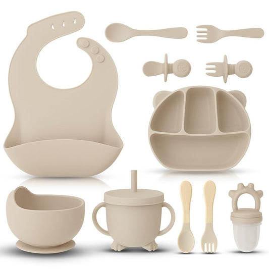 12 Piece BPA-Free Silicone Baby Feeding Set,Non-Slip Suction Plates,Soft Baby Bowls, Wooden Utensils & More ，Make Feeding Time Safe,Dishwasher Safe – Ideal for 6+ Months