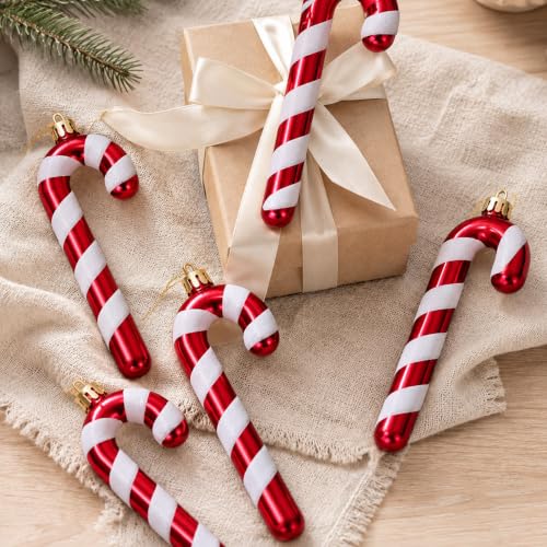 12Pcs Red & White Candy Cane Christmas Ornaments with Glitter – 12.5 cm
