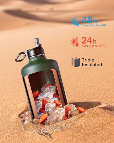 Coolflask Dark Green Half Gallon Insulated Water Bottle with Straw & 3 Leakproof Lids