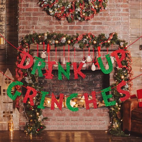 Drink Up Christmas Decorations Red Green Glittery Christmas Banner Xmas Garland Banners Winter Holiday Garland Photo Props Banners Christma Party Decorations for Xmas Backdrop Decorations