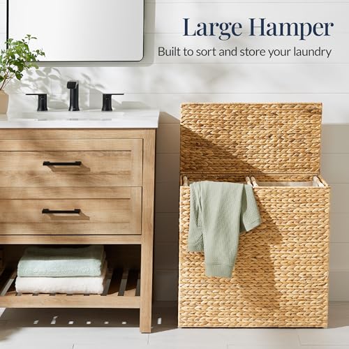 Large Laundry Hamper with Lid - Natural Handwoven Hyacinth, 30 Gallon (114L), Removable Washable Liners, Handles - Natural / Large 114L