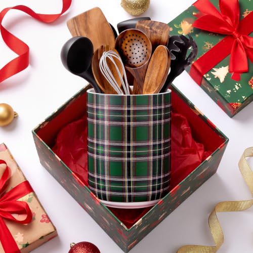 Qinyoung Christmas Utensil Crock with Tartan Plaid Design - Green Ceramic Kitchen Organizer