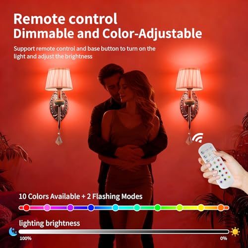 Wireless Antique Brass Wall Sconces Set of 2 with RGB Dimmable LED Bulbs