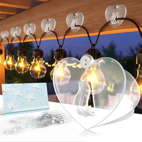 Hooks for Outdoor String Lights Clips ? 35PCS Clear Heavy Duty Hooks with Adhesive & Screw Mounting Options, Waterproof & UV-Resistant for Christmas, Patio, Rope Light Hanging - Heart Shaped