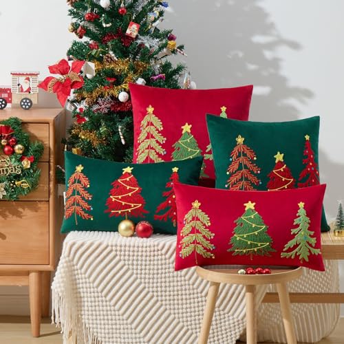 Red Velvet Embroidery Christmas Pillow Cover 12x20 Inch, Pack of 1
