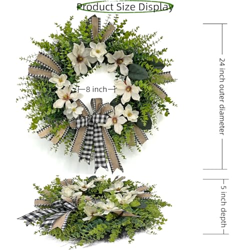 24-Inch Magnolia Wreath with Buffalo Plaid Bow | Farmhouse Front Door Decor