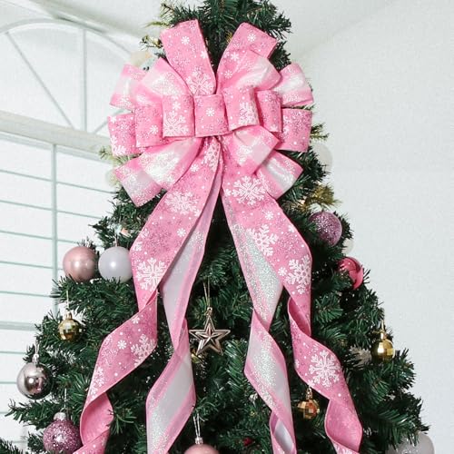 Pink Christmas Tree Topper Bow 52x13 Inches with Snowflake Pattern for Xmas Holiday Decor