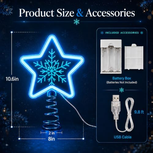 Zontruxe Christmas Star Tree Topper with LED Lights - Blue, USB or Battery Powered