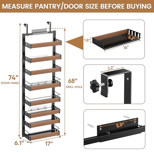 POKIPO 8-Tier Over The Door Pantry Organizer Black - Wall Mount & Hanging Spice Rack with Adjustable Baskets