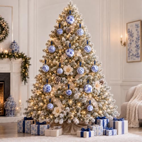 Blue & White Chinoiserie Ceramic Christmas Ornament Balls Set 12 Pcs 2.36in