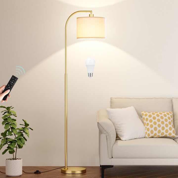 Ambimall Arc Floor Lamp with Remote - Deep Beige & Gold, Dimmable & Adjustable Lighting
