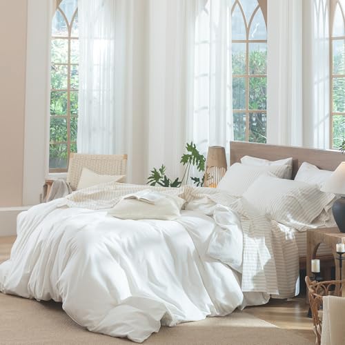 King Striped Cotton Linen-Like Sheet Set - Almond Milk Grey, Classic Stripes