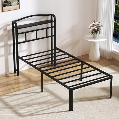 Twin Metal Bed Frame with Headboard & Charging Station - 18 Inch Heavy Duty Platform Bed
