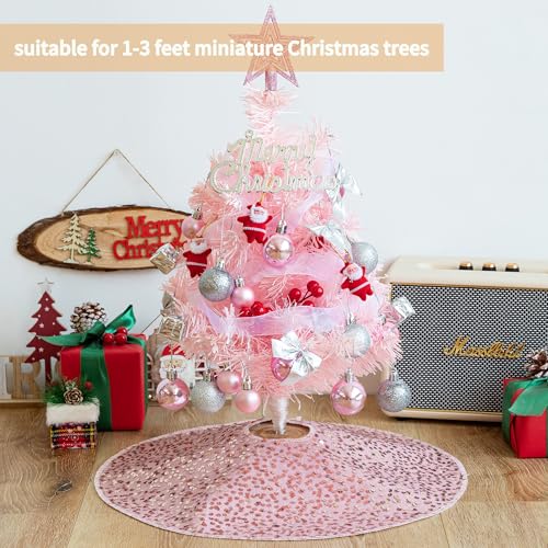 Christmas Tree Skirt, 18 inch Sparkly with Faux Fur Plush mini Christmas Tree Skirt, Christmas Tree Base Mat Thin Velvet Rugs for Xmas Party Home Decorations (Pink)