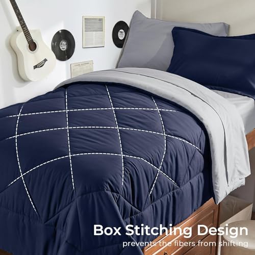 HEVUMYI Twin XL Comforter Set Navy Blue & Grey Bed in a Bag 5-Piece