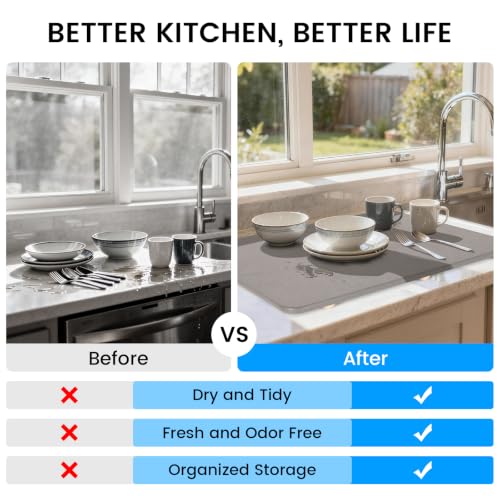 Large Stone Dish Drying Mat for Kitchen Counter 24x16 Inch - Super Absorbent & Easy to Clean