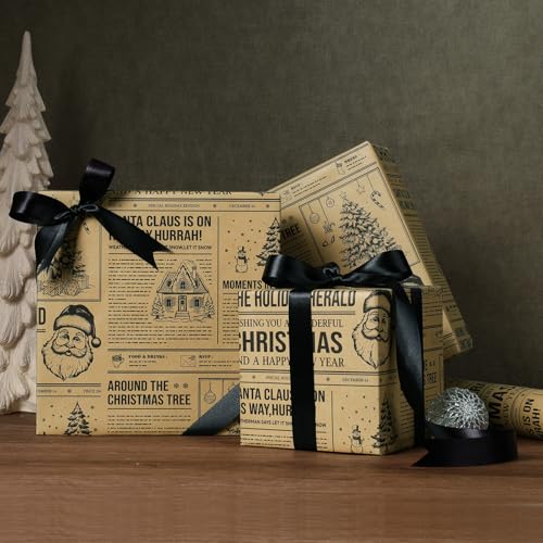 BIOBROWN Christmas Wrapping Paper Newspaper Roll with Santa & Tree Design, 17x33ft
