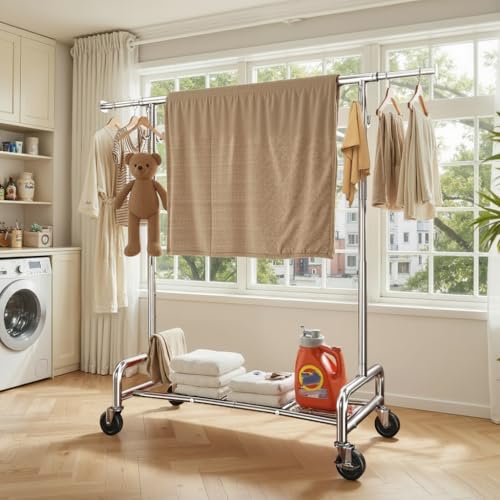 Raybee 75-Inch Chrome Clothes Rack with 4 Hooks, Adjustable Heavy Duty Wardrobe Organizer