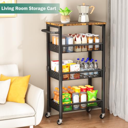 Vivihomety 4-Tier Metal & Wood Slim Rolling Laundry Cart - Black, 8.1 Inch Wide