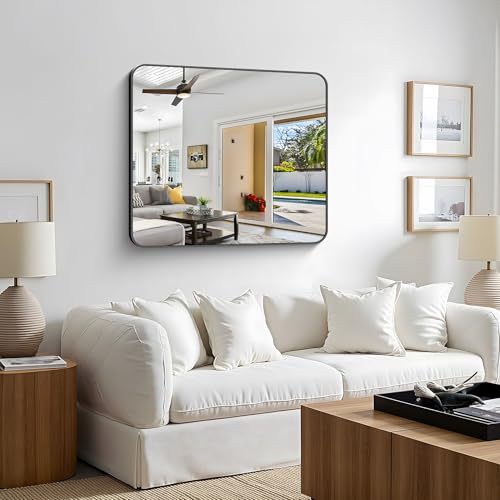 Bathroom Mirror, 36 x 30 inch Metal Framed Black Rectangle Rounded