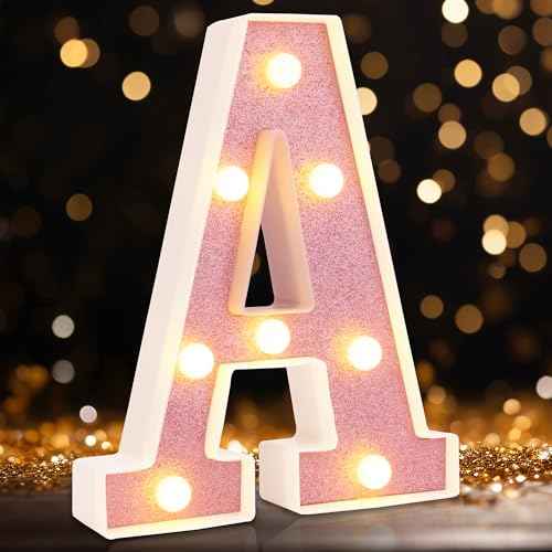 Small Led Marquee Letters, Light Up Letters, 8.58 Inch Led Letter Lights, Battery Powered Lighted Sign for Table, Party, Birthday, Christmas Decor (Pink Glitter, Letter A)
