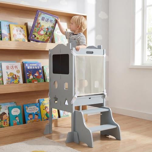 Costzon Grey 4-in-1 Toddler Folding Step Stool & Learning Tower with Chalkboards