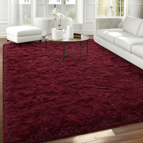 Wine Red 6x9 Plush Burgundy Area Rug - FALARK Soft Non-Slip Shag Carpet
