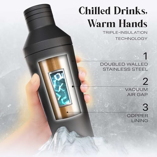 Bare Barrel Insulated Cocktail Shaker Set Matte Black - Double Wall Stainless Steel, Built-in Measure & Strainer, Travel Bag, Recipes, Gift