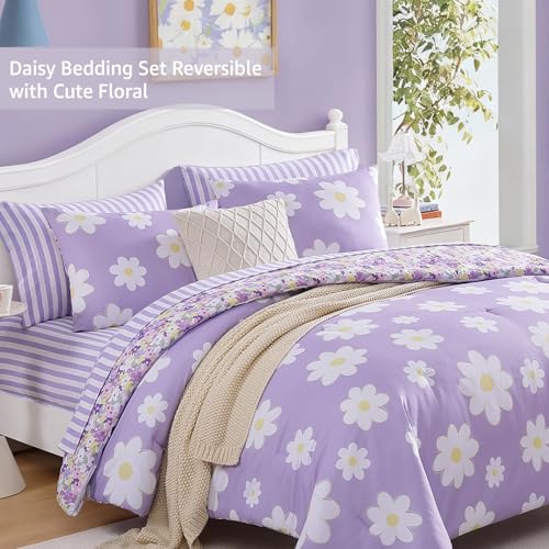 Full Size Purple Daisy Comforter Set for Girls - 7 Pieces Bed in a Bag, Pink & White Floral Bedding, Double-Sided Design, Soft & Cozy, AMBERSPACE