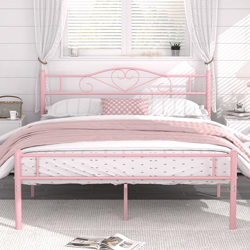 Pink Queen Size Metal Bed Frame with Headboard & Footboard - Heavy Duty, No Box Spring Needed, 14 Inch