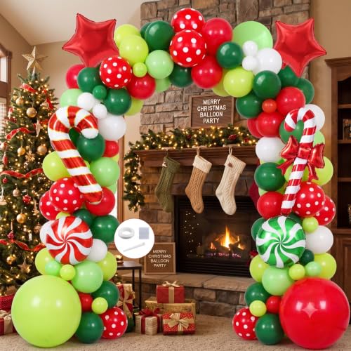 Jenlion 106Pcs Christmas Balloon Arch Kit with Large Mylar Foils - Light Green, Red, Dark Green