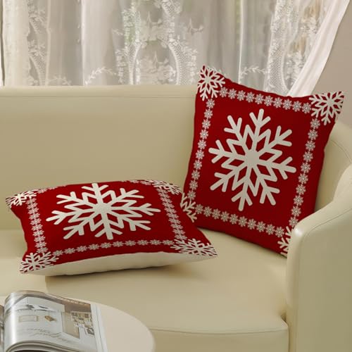 Christmas Pillow Covers - 20x20 Set of 2 Winter Snowflake Pillowcases - Red Throw Pillows - Farmhouse Holiday Linen Decorations - Outdoor Cushion Covers for Sofa Couch Home