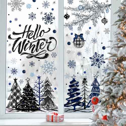 167 PCS Christmas Window Clings Stickers Hello Winter Snowflakes Christmas Tree Pine Branches Window Decals for Xmas Party Home Holiday Shop Glass Display Decoration