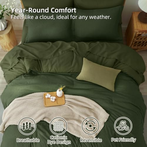 Dark Green King Comforter Set - Upgraded 7-Piece Bed in a Bag with Linen-Like Texture