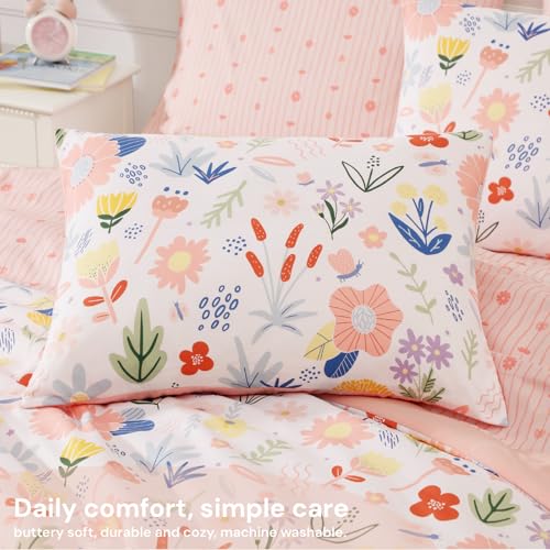 Full Size Pink Floral Comforter Set with Aster Flower Pattern - 7 Pieces, Girl's Bed in a Bag
