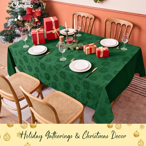 Hunter Green Poinsettia 60x144 Inch Christmas Tablecloth - Elegant Jacquard Holiday Decor