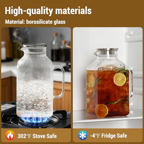 Snuvid 1 Gallon Square Classic Stripes Glass Pitcher with Lid - Vintage Style, Large Capacity, Dishwasher Safe, for Iced Tea & Beverages (Variation 1)
