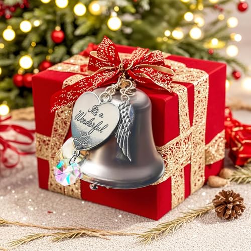 It's a Wonderful Life Christmas Bell Ornament, Stainless Steel Christmas Ornaments for Christmas Tree Wedding Anniversary Decoration Pendants with Angel Wings and Crystal Charm