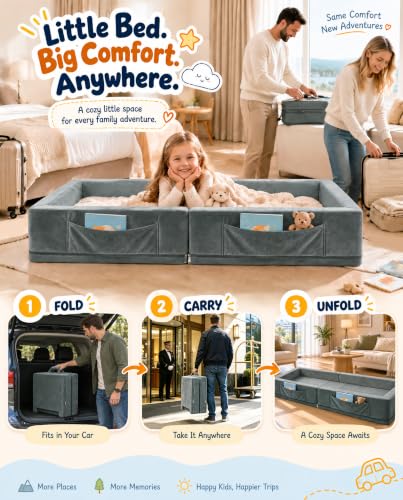 Toddler Portable Travel Bed Grey - Foldable & Washable Floor Bed for Kids