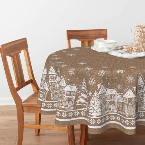 Horaldaily 90-Inch Round Brown Christmas Tablecloth - Washable Holiday Decor