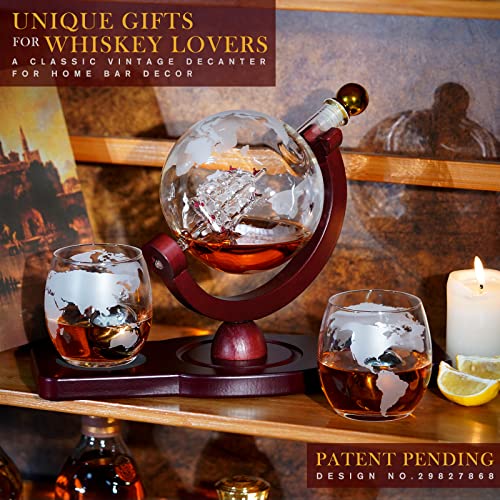 PONPUR Whiskey Decanter Globe Set with 850ml Bottle, 2 Glasses & Chill Stones for Men Dad