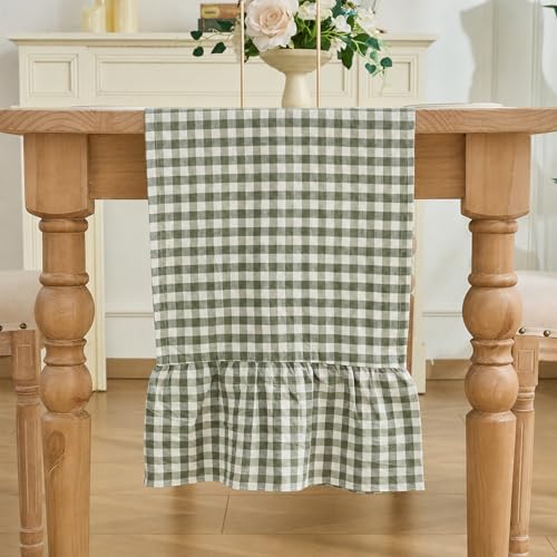 Sage Green Gingham Plaid Ruffle Table Runner 13 x 108 Inch - Farmhouse Cotton