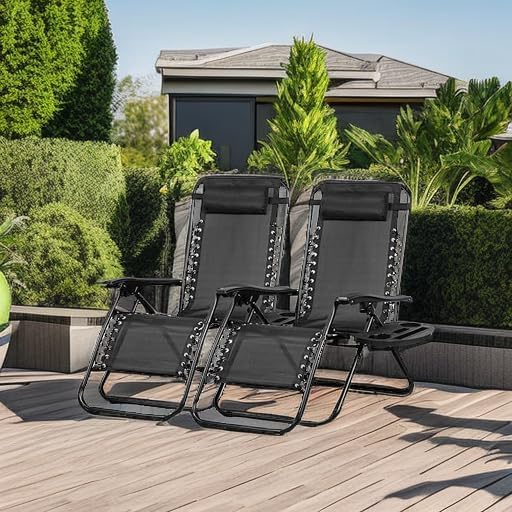 Nazhura Adjustable Zero Gravity Lounge Chairs - Set of 2 Relaxing Patio Recliners with Pillow & Cup Holder | Black