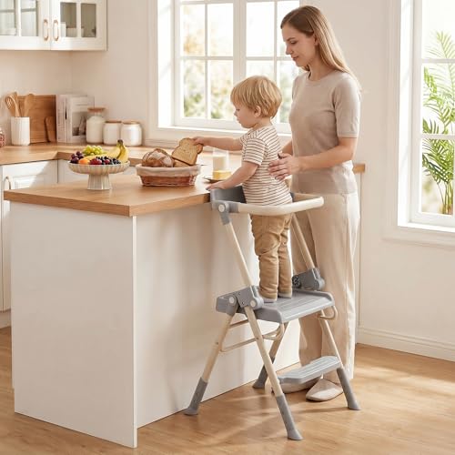 Toddler Step Stool with Safety Rail, Foldable Kids Kitchen Helper, Stable Anti-Drop Structure