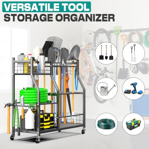 Large Garden Tool Organizer Stand - Heavy-Duty Metal Storage Rack with Wheels