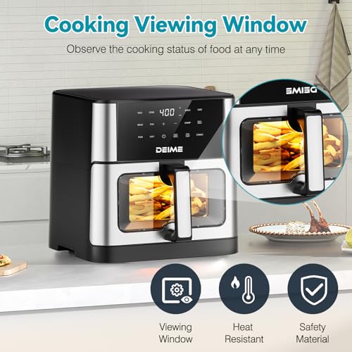 Deime 10.2 QT Air Fryer Silver 1700W with 10 Presets, Visual Cooking Window