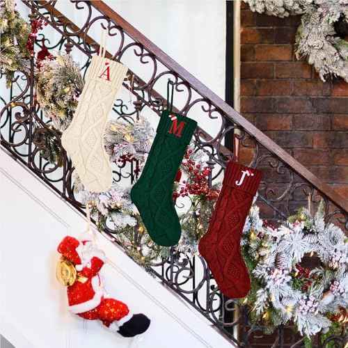 Personalized Christmas Stockings with Initials, 18 Inches Large Embroidered Monogrammed Cable Knit Christmas Stocking for Family, Xmas Holiday Party Gifts & Decoration for Fireplace(White,Letter A)