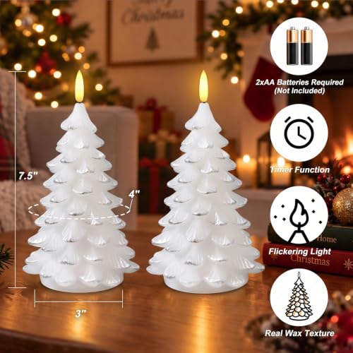 ARIKJ White & Silver Christmas Tree Flameless Candles, Battery Operated Holiday Decor