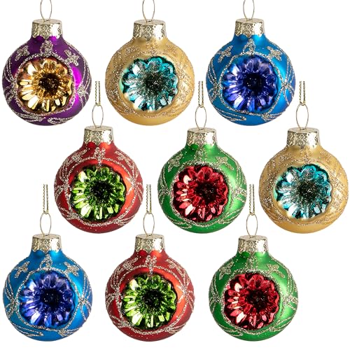 9 Pcs Christmas Glass Reflector Ball Ornaments - 1.6 Inch Hanging Holiday Decor