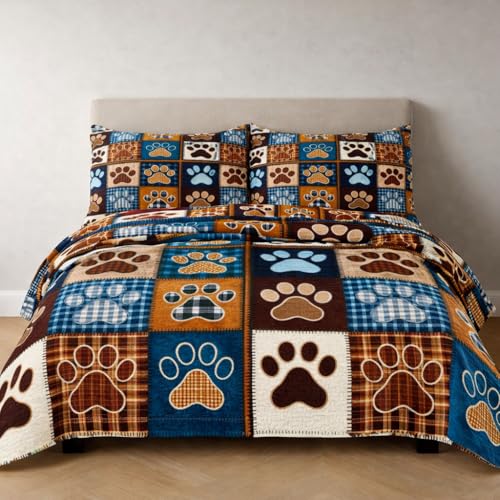 King Size Dog Paw Patchwork Quilt Set - Blue & Brown Microfiber Bedding, All Season, 3 Piece
